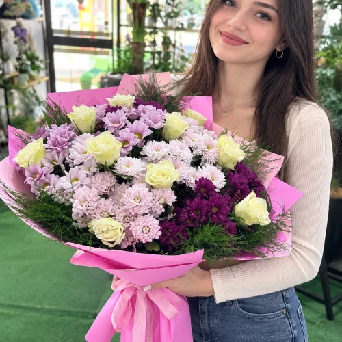 Beyaz gül ve Pastel Karışık Buket